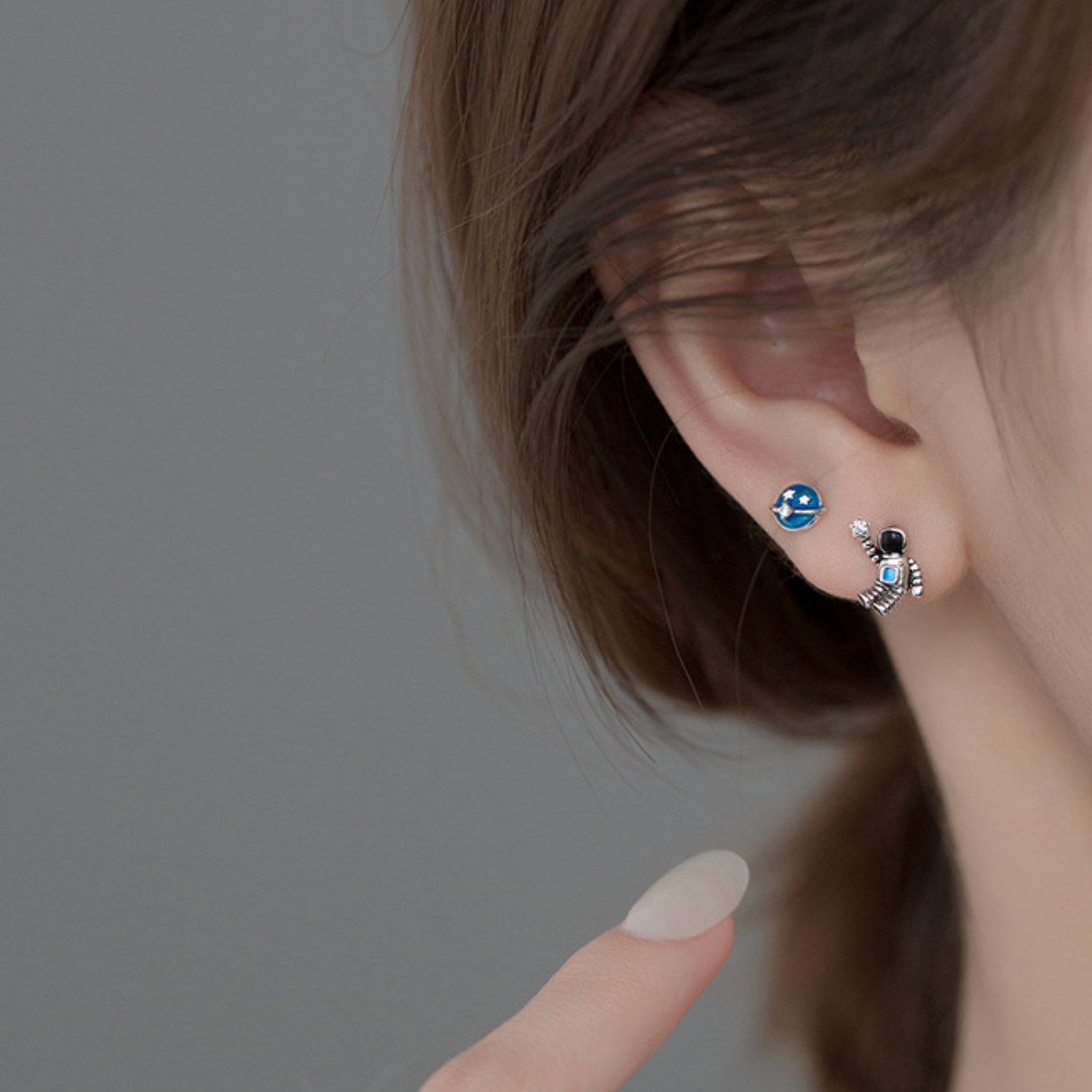 Sterling Silver Astronaut Asymmetrical Studs