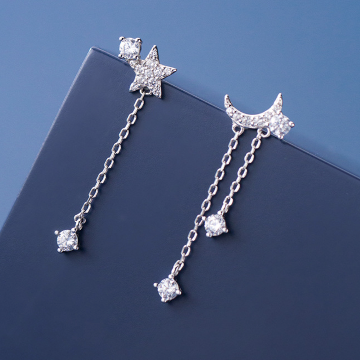 Sparkly Moon and Star Dangle Stud Earrings