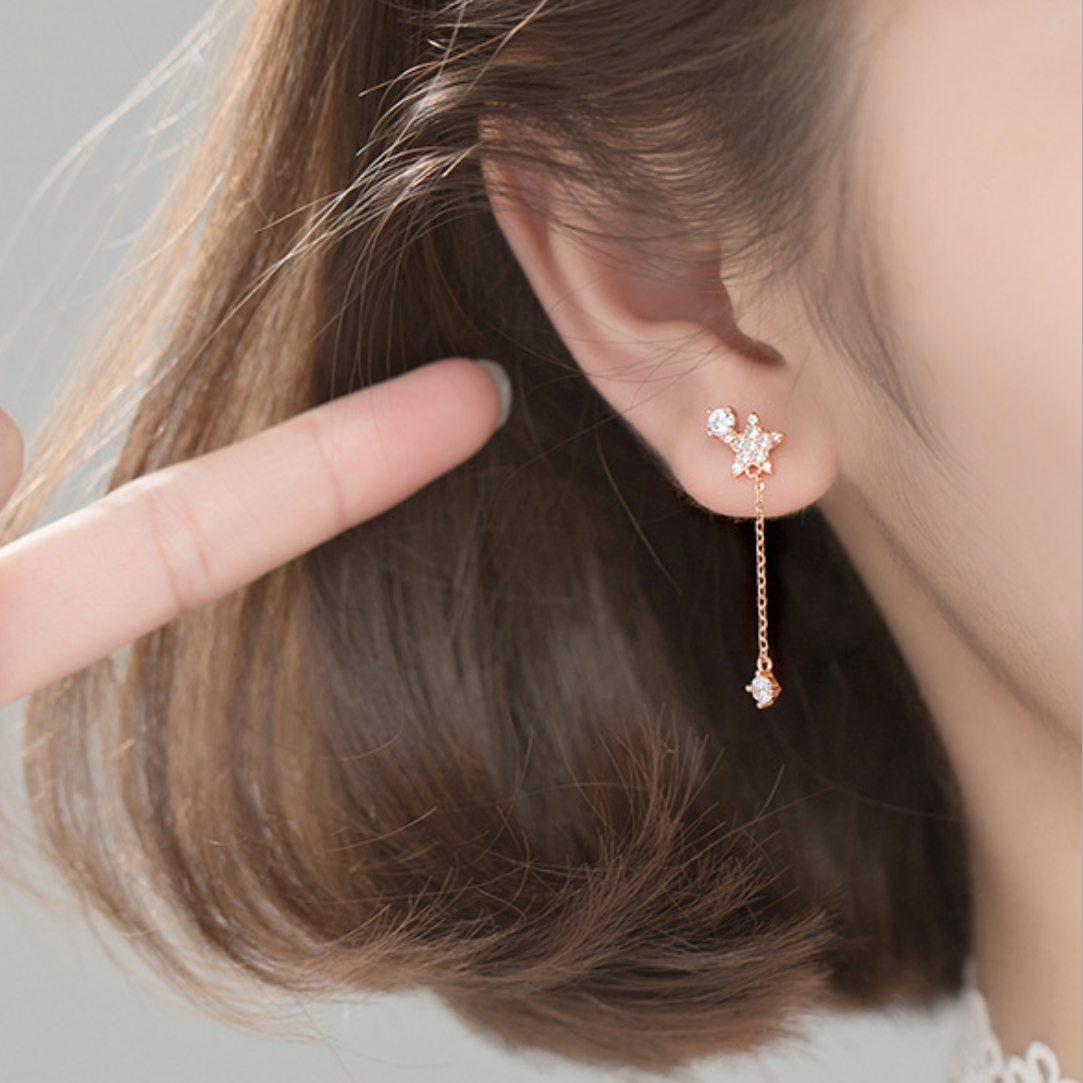 Sparkly Moon and Star Dangle Stud Earrings