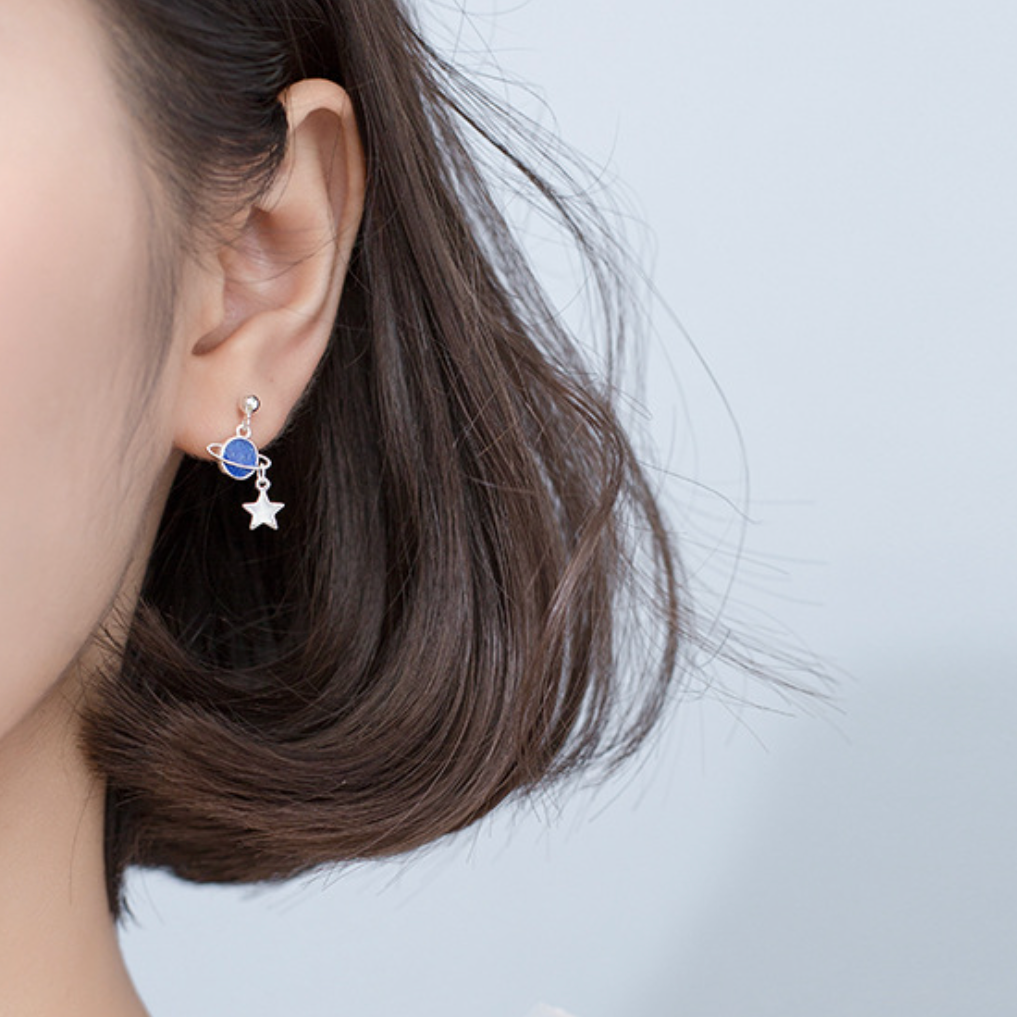 Blue Moon and Planet Dangle Stud Earrings