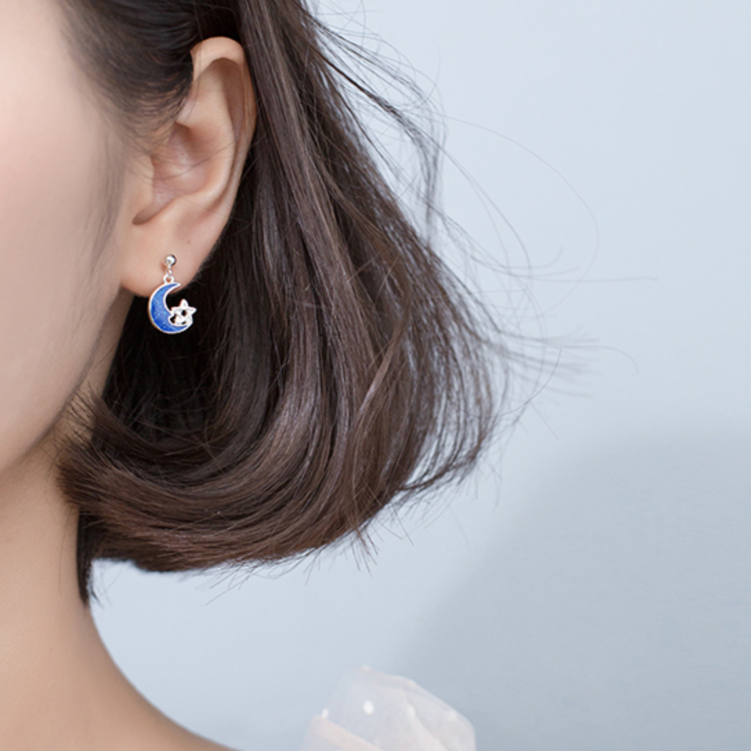Blue Moon and Planet Dangle Stud Earrings