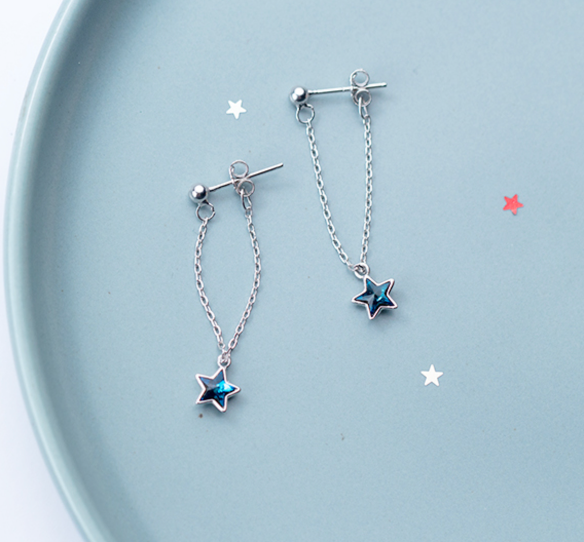 Blue Crystal Star Ear Jacket Stud Earrings