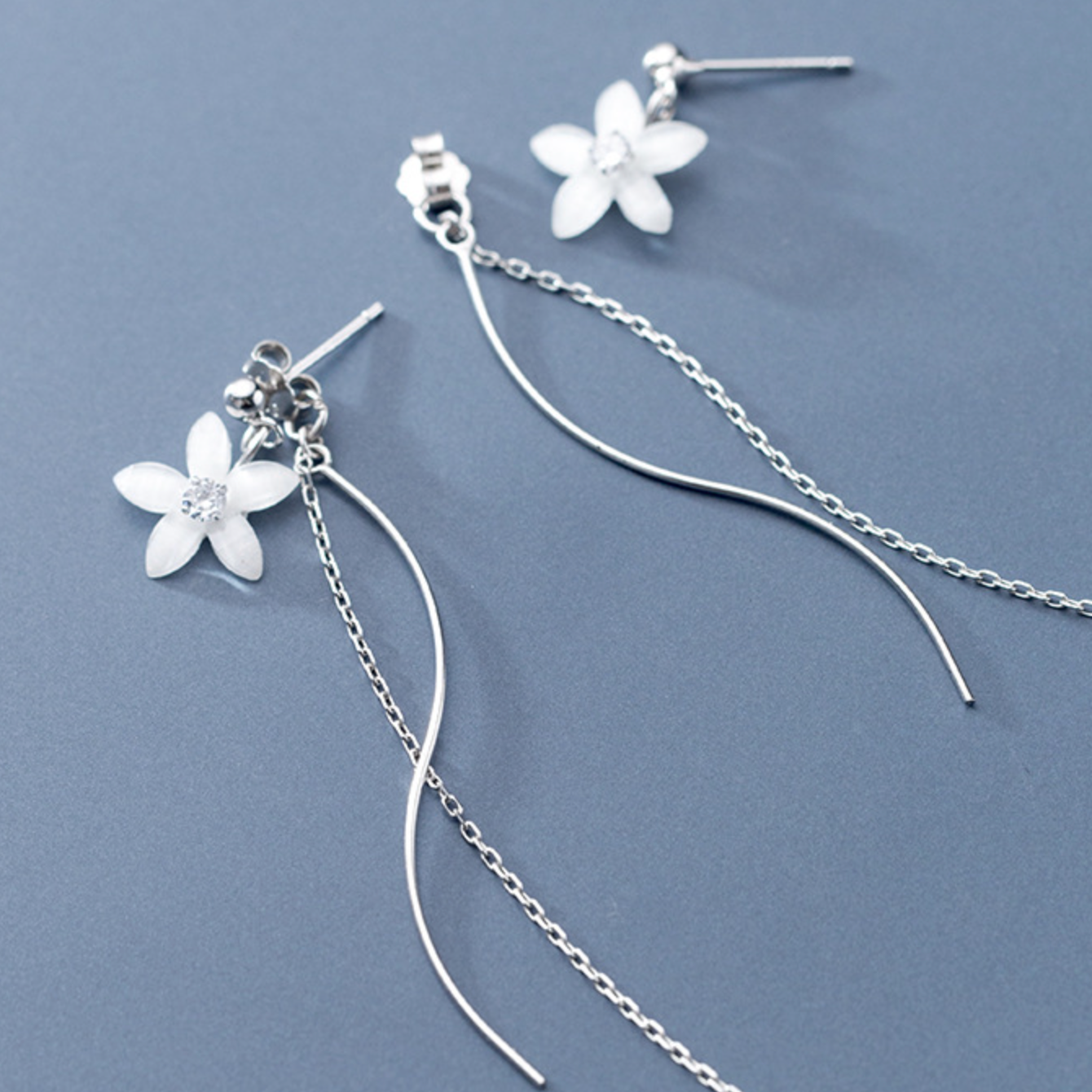 White Flower Chain Dangle Stud Earrings