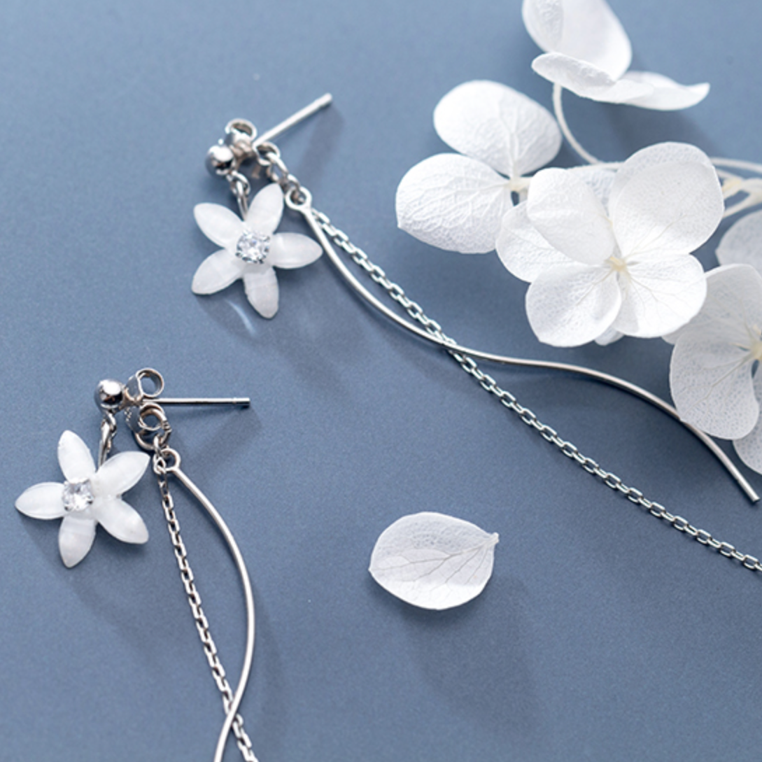 White Flower Chain Dangle Stud Earrings
