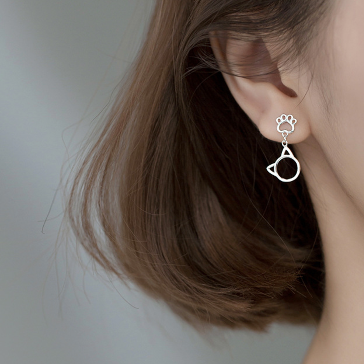 Cat Face and Paw Dangle Stud Earrings