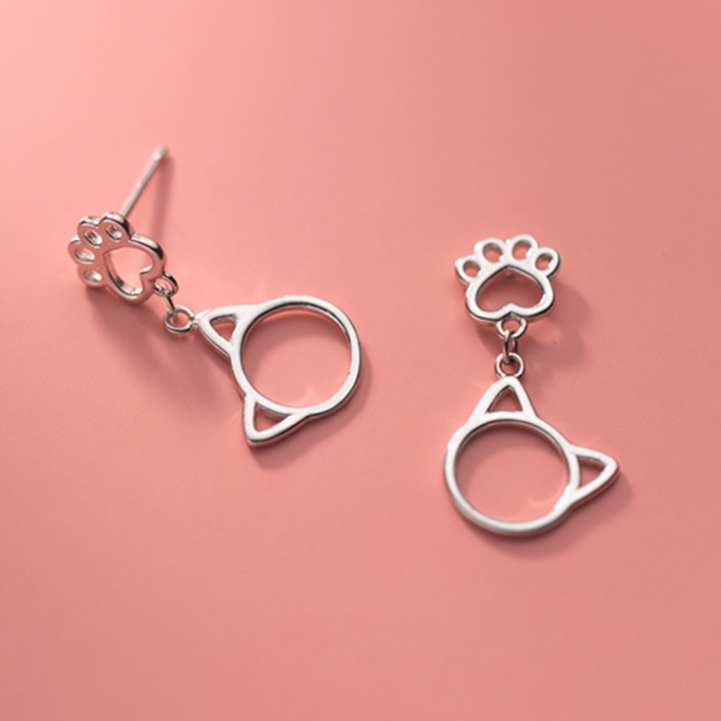 Cat Face and Paw Dangle Stud Earrings