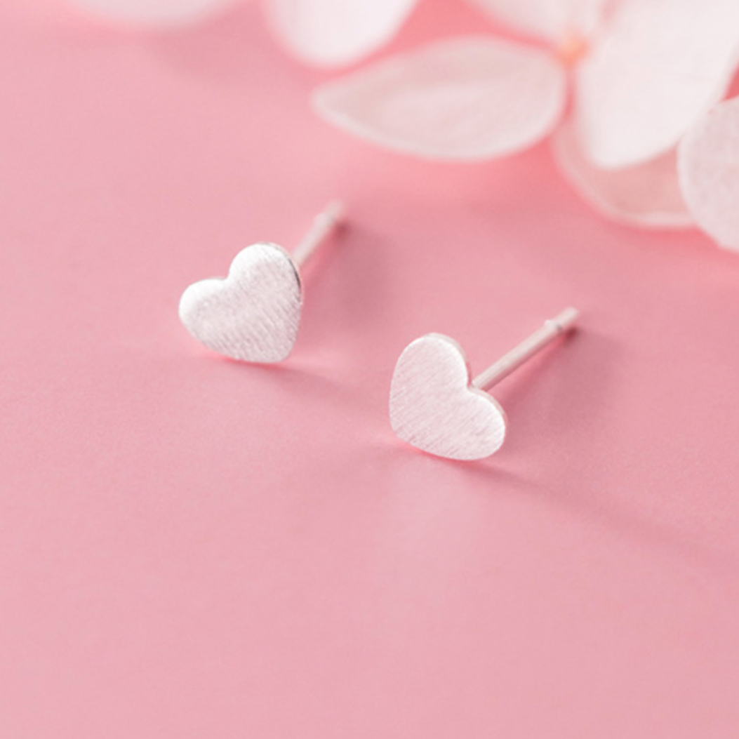 Brushed Silver Heart Stud Earrings