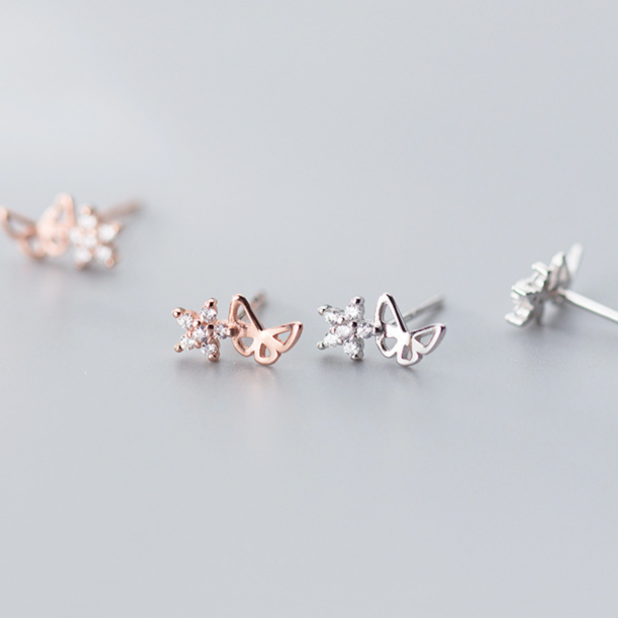 Butterfly and Flower Stud Earrings