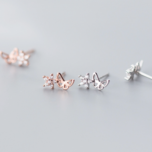 Sparkly Butterfly and Flower Stud Earrings