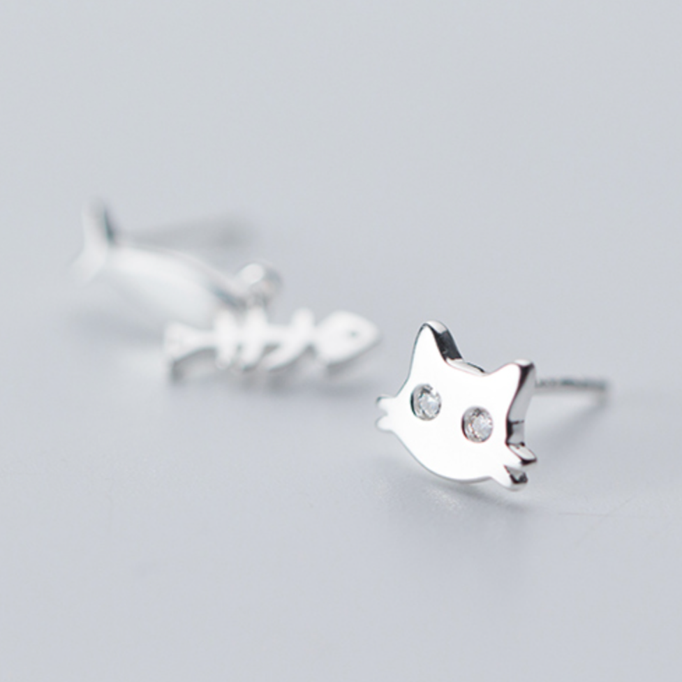 Cat and Fishbone Stud Earrings