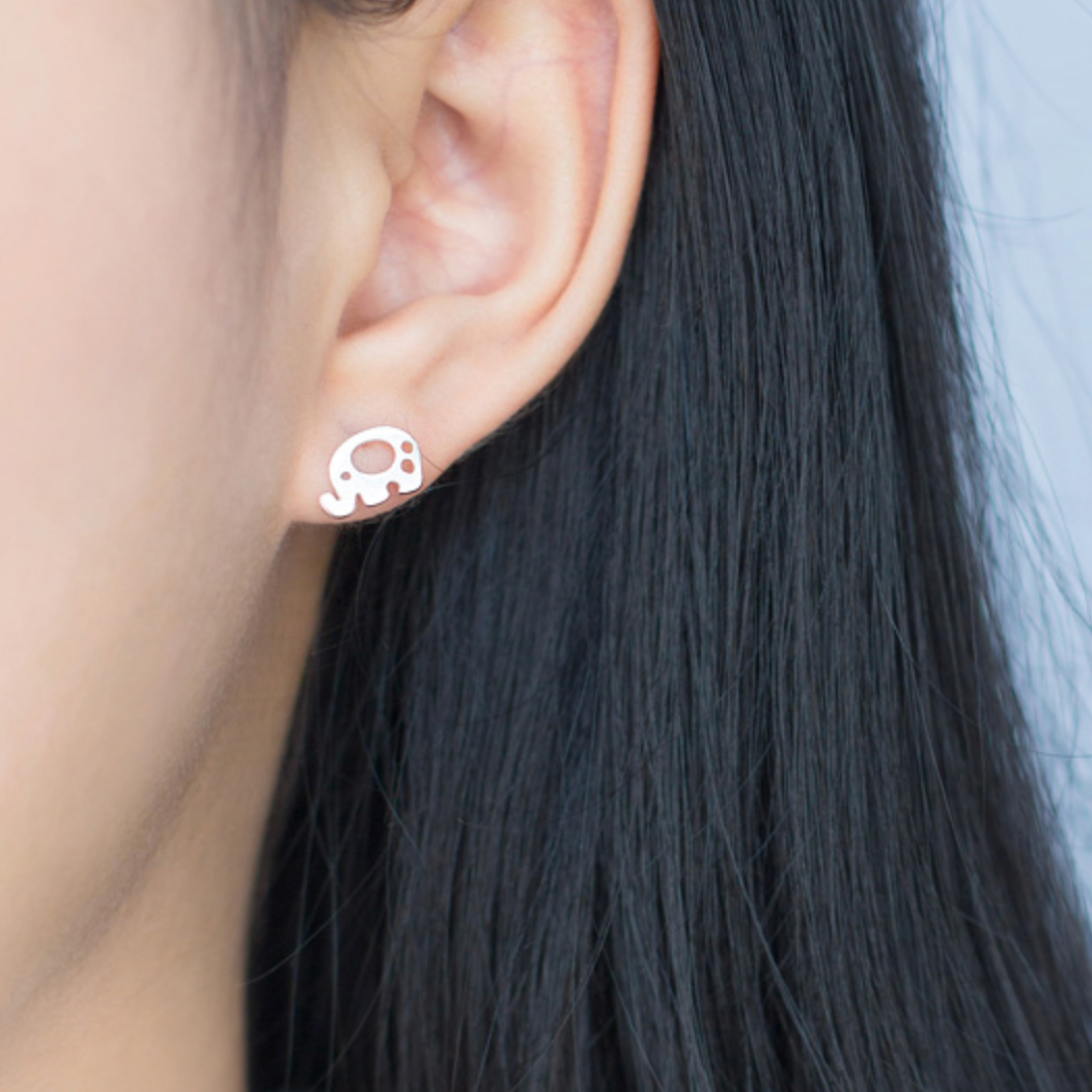 Brushed Silver Elephant Stud Earrings