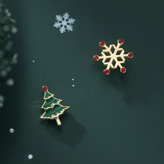 Christmas Tree and Snowflake Stud Earrings