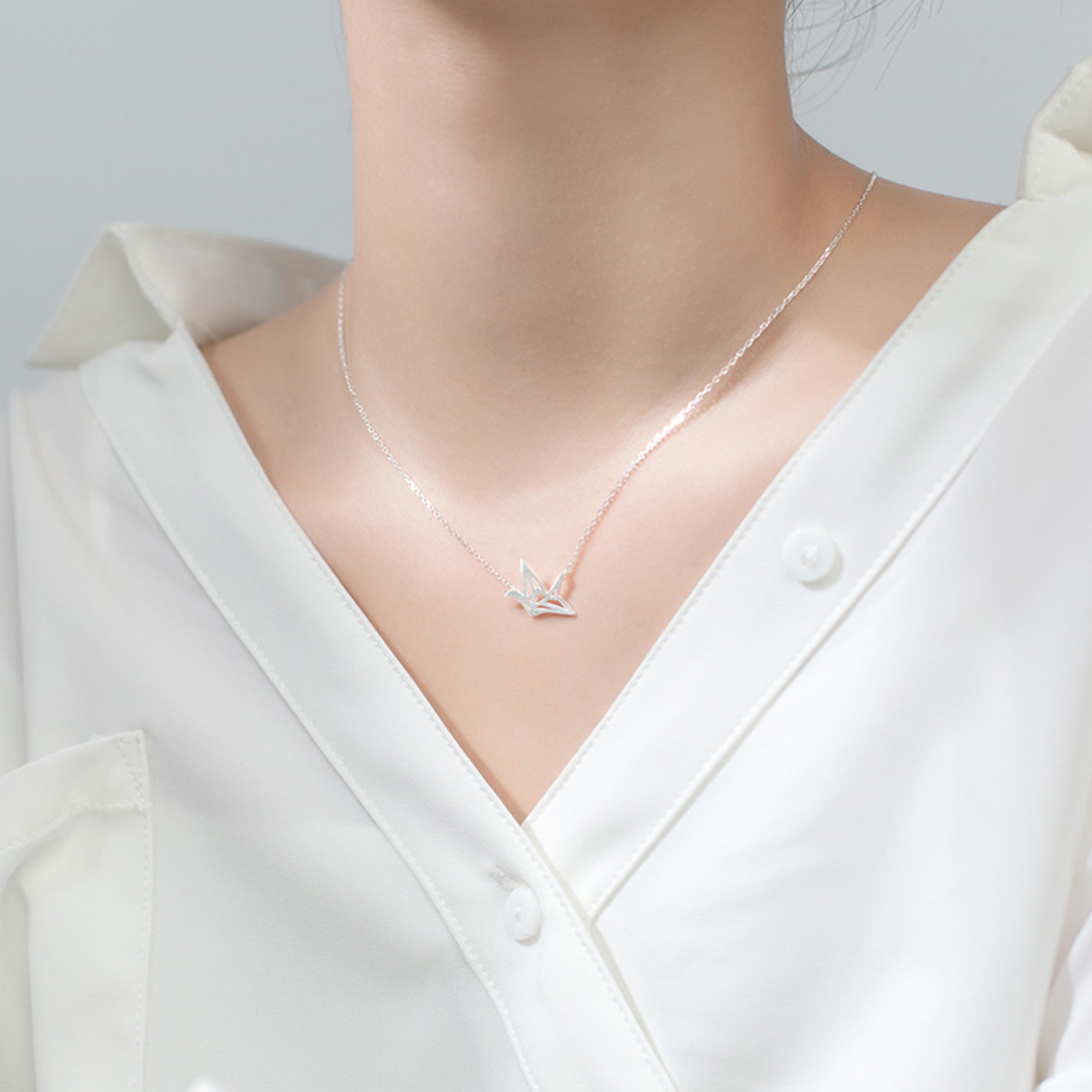 Brushed Silver Origami Crane Pendant Necklace