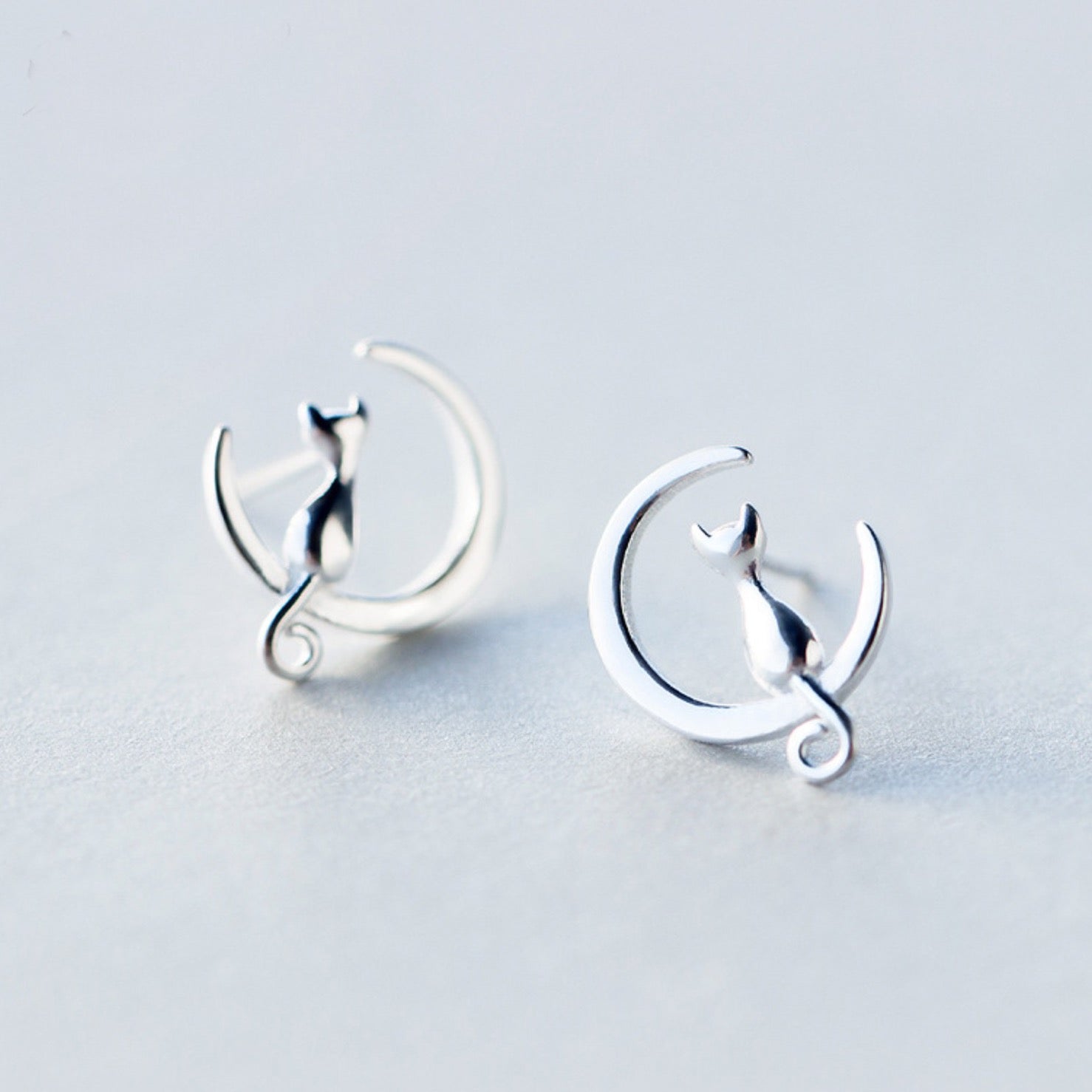Sterling Silver Cat and Crescent Moon Earrings – Chic Stories