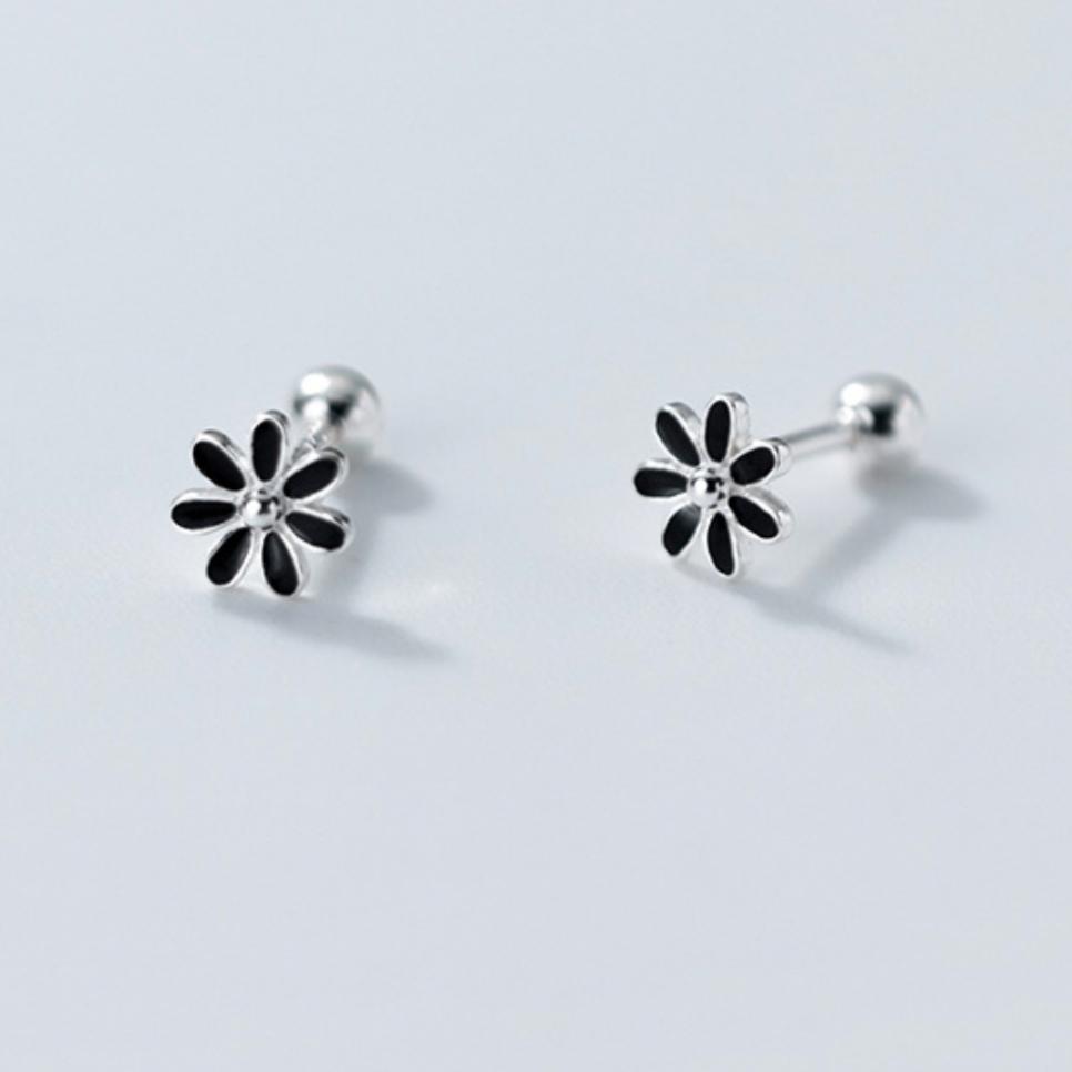 Blue, White or Black Flower Screw Back Stud Earrings