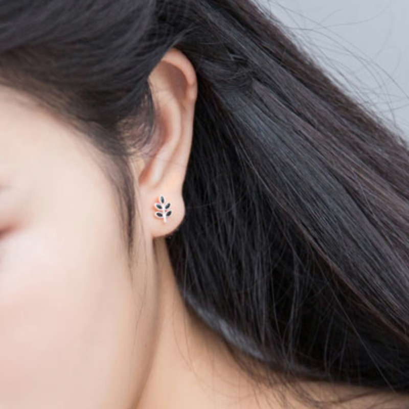 Black Leaf Branch Stud Earrings