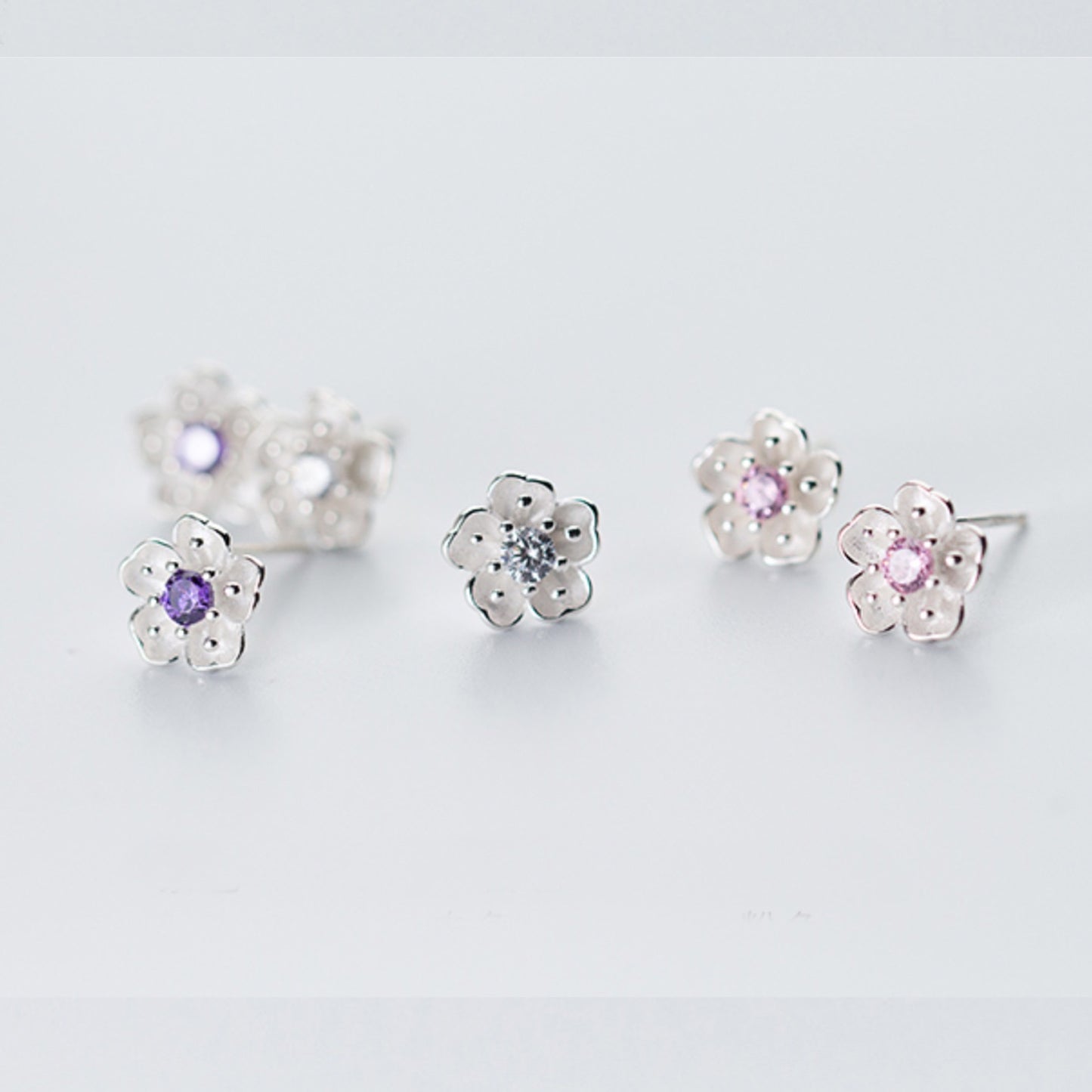 Pink, Purple and White Crystal Flower Stud Earrings