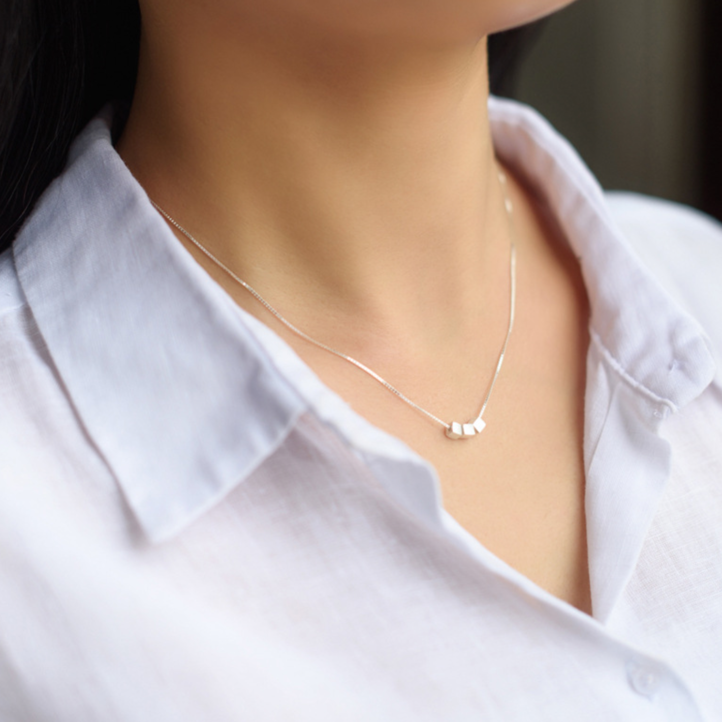 Brushed Silver Tiny Cube Pendant Necklace