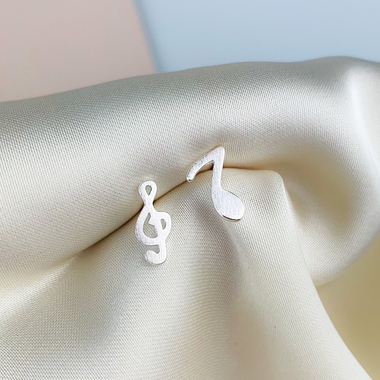 Brushed Silver Music Note Stud Earrings