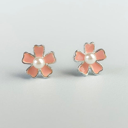 Pink Flower and Pearl Stud Earrings
