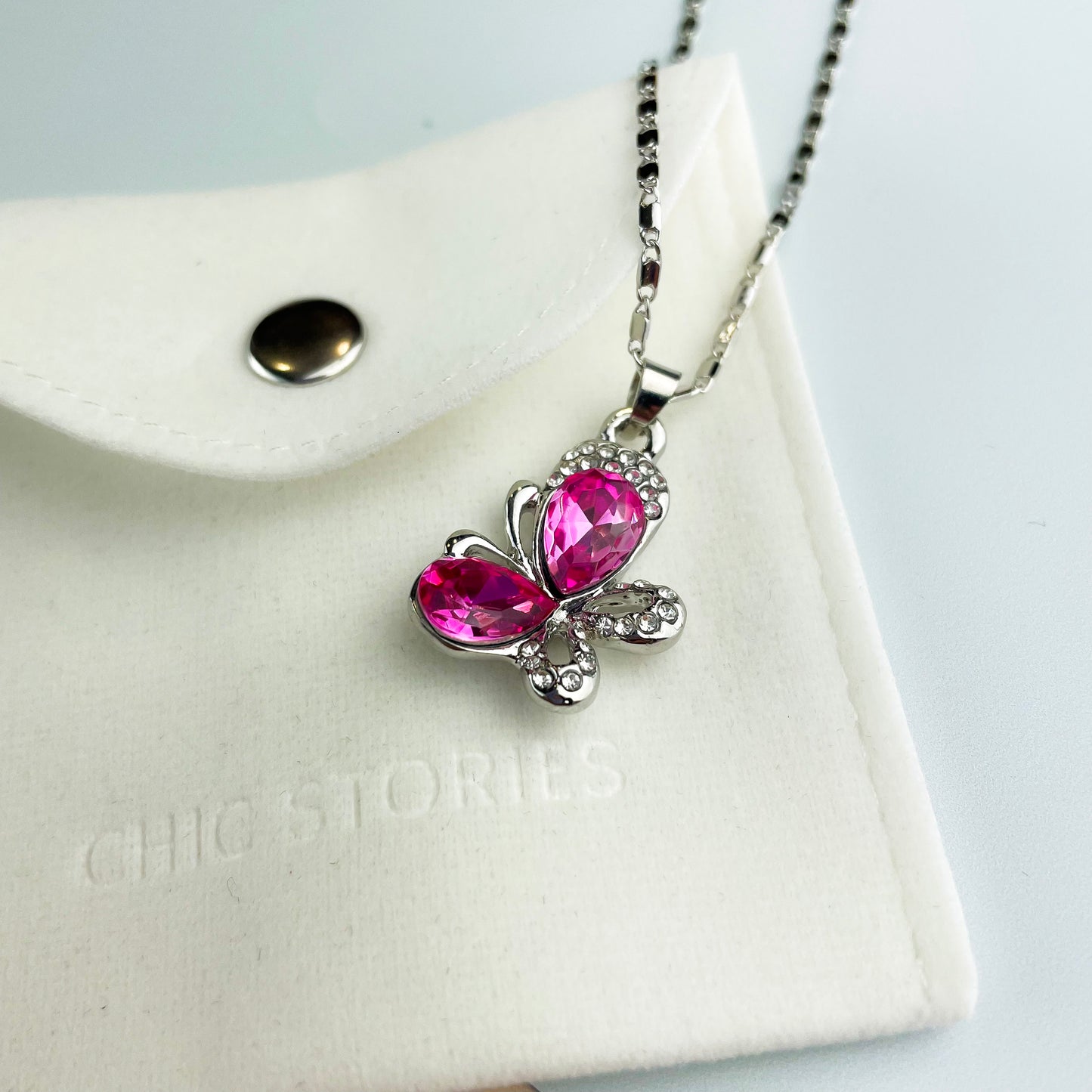 Butterfly Blue Pink Silver Pendant Necklace