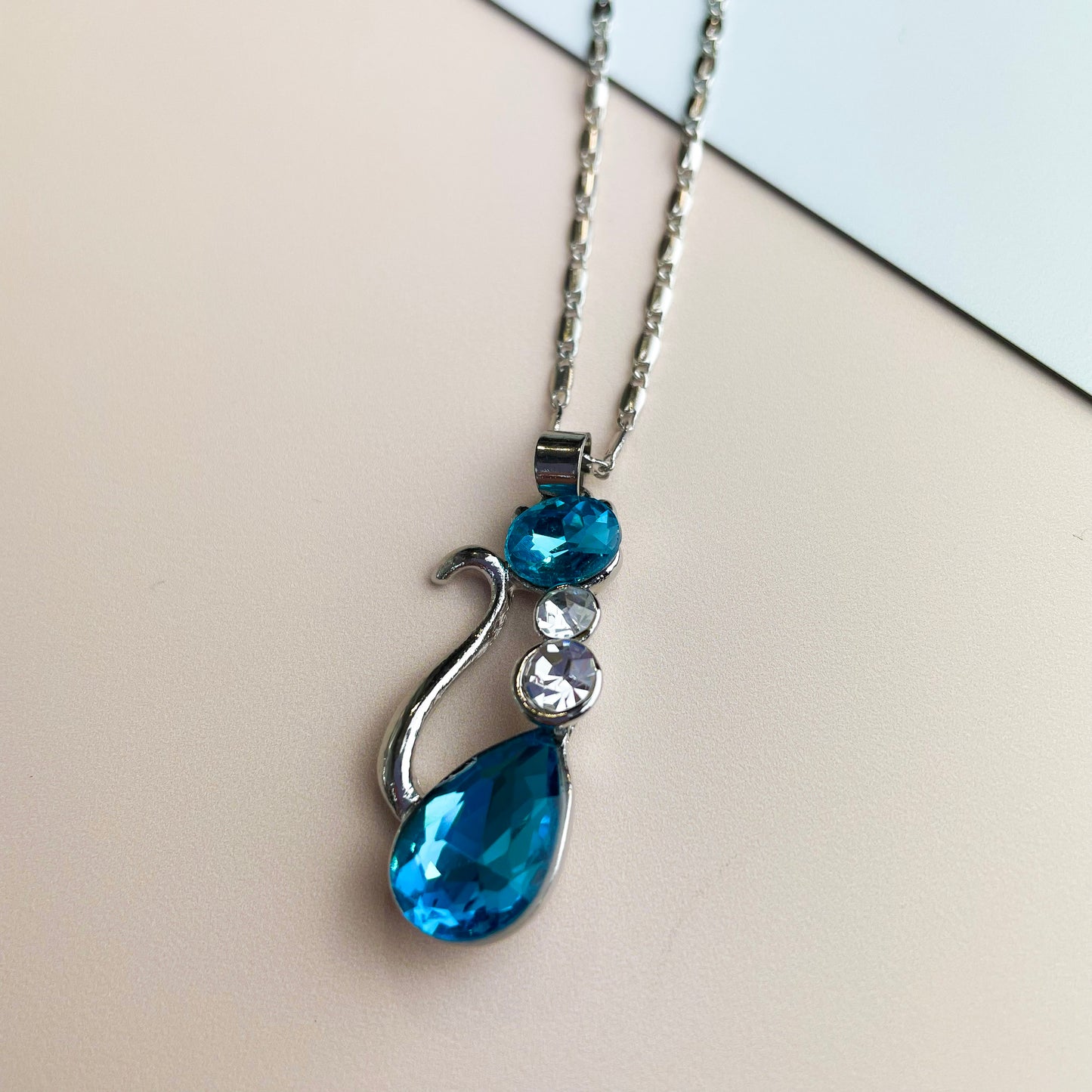 Blue Cat Pendant Silver Necklace