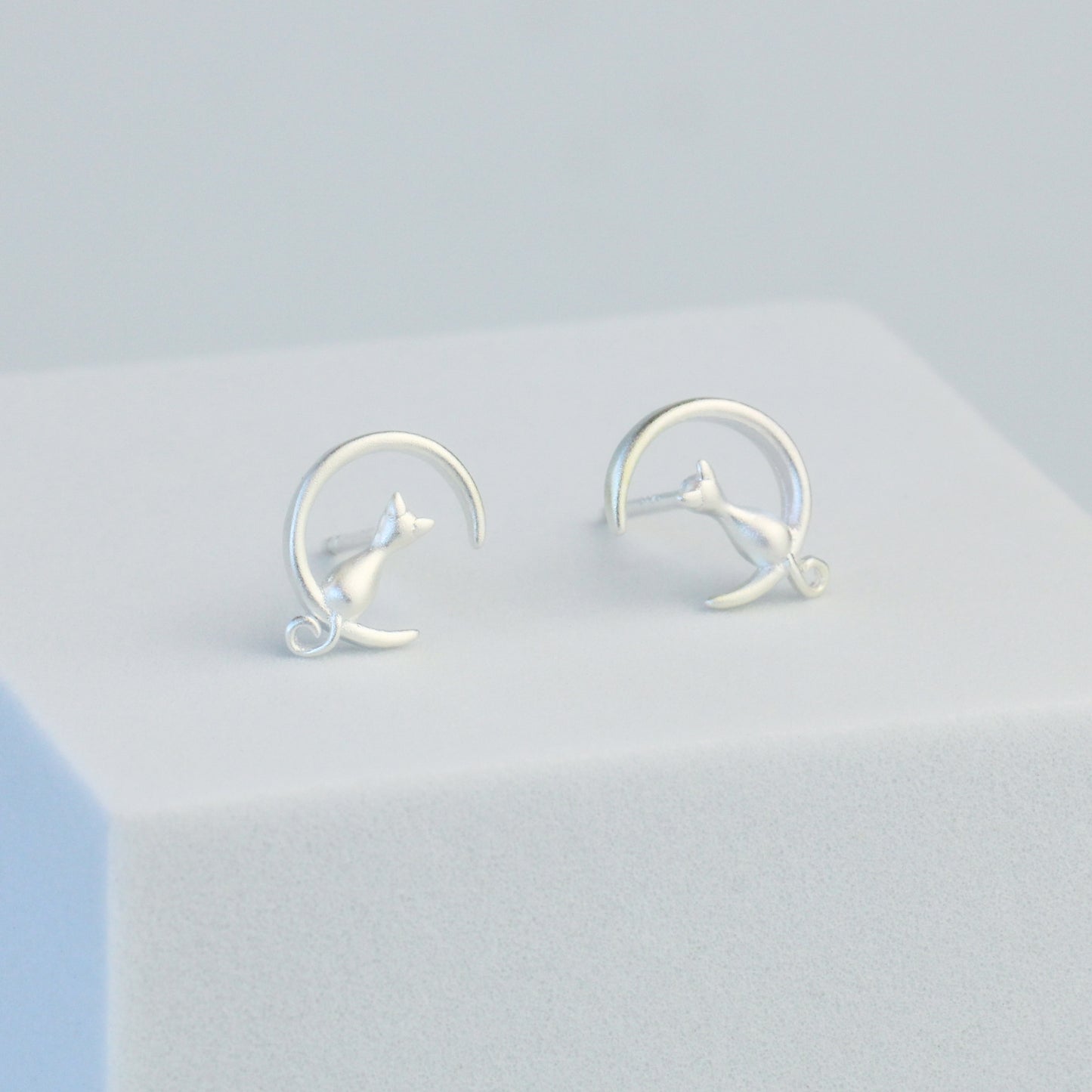 Cat and Crescent Moon Stud Earrings