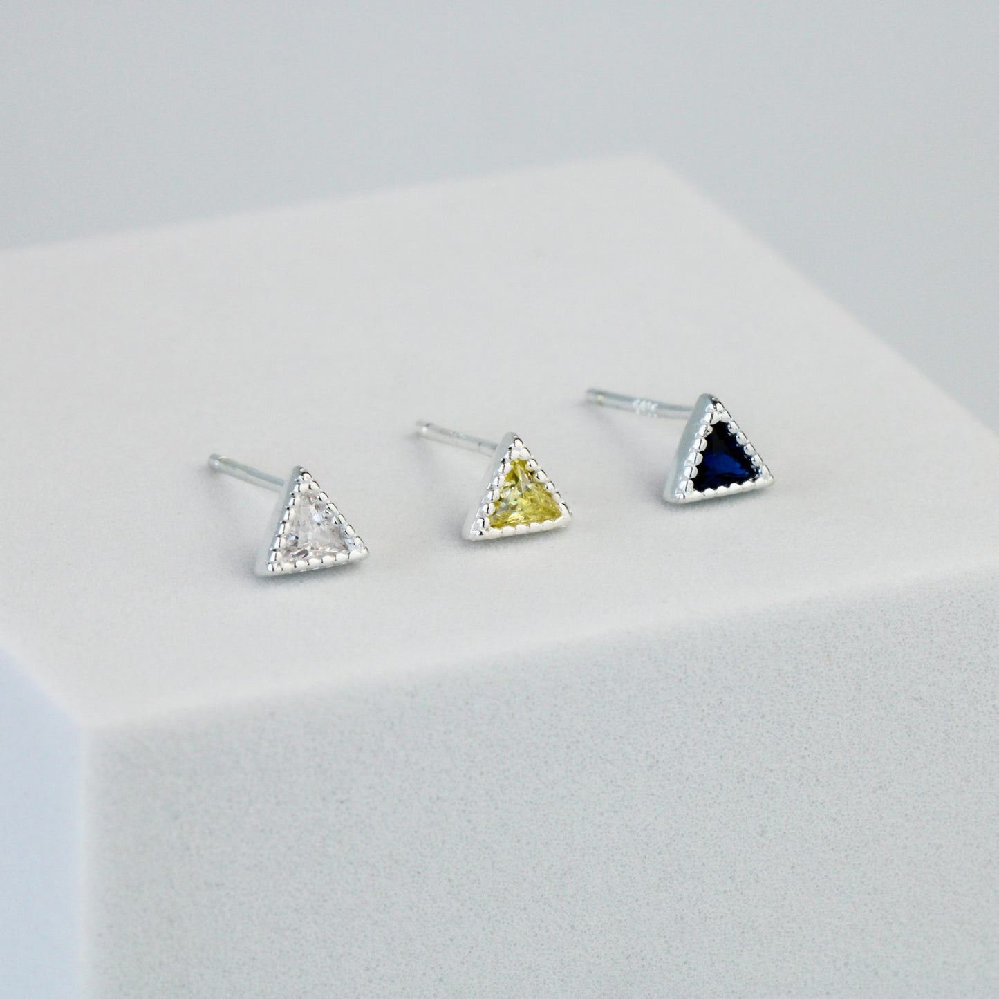 Blue, Yellow or White Crystal Triangle Stud Earrings