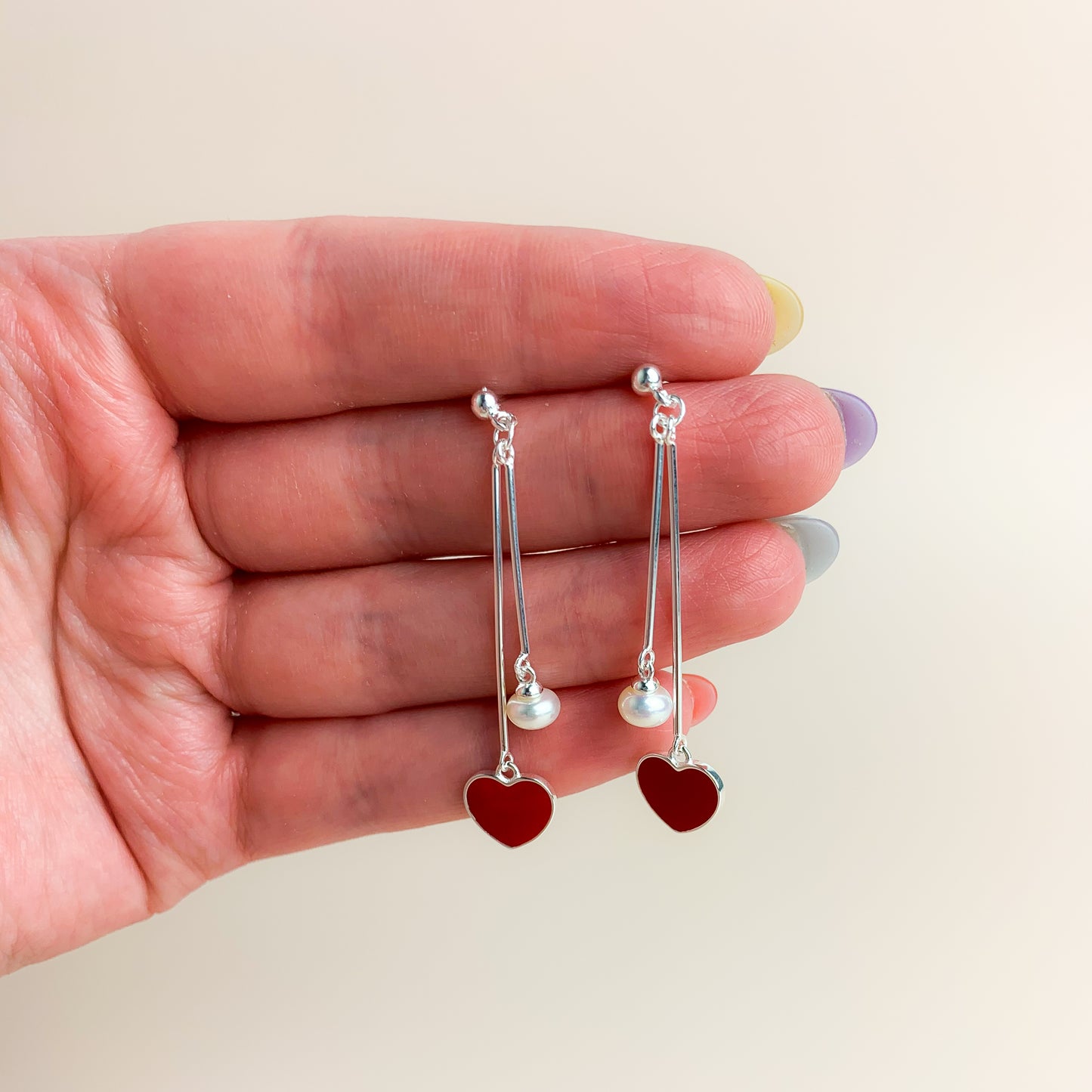 Red Heart and Pearl Dangle Earrings