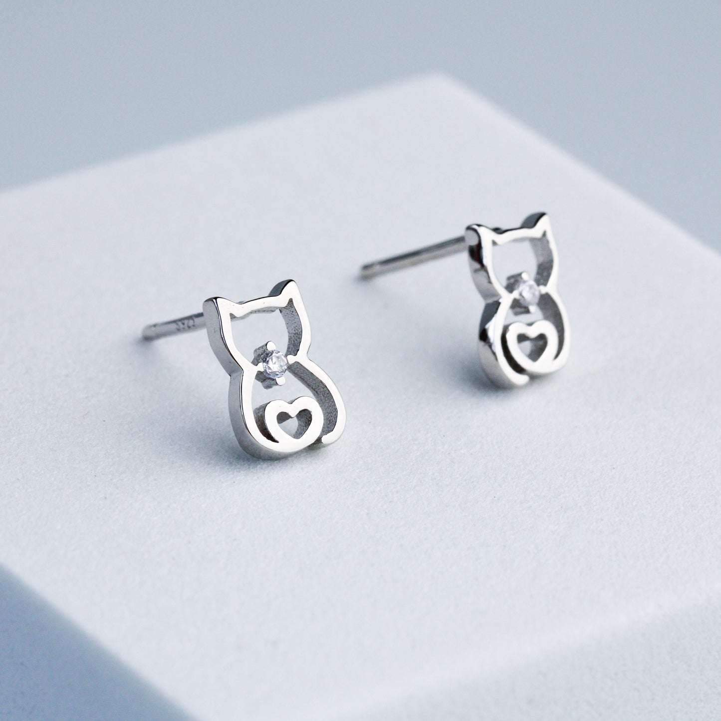 Sterling Silver Cat and Heart Studs