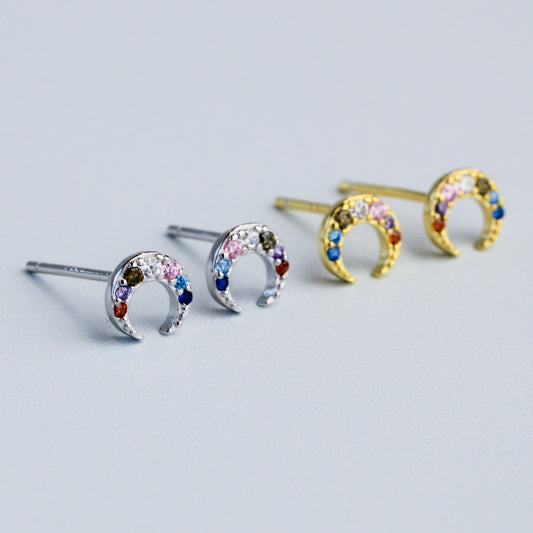 Colourful Crystal Crescent Moon Stud Earrings