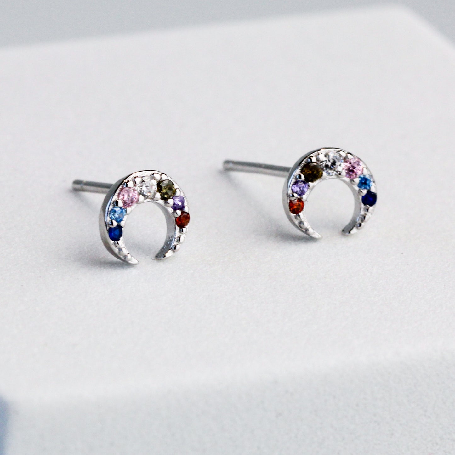 Colourful Crystal Crescent Moon Stud Earrings