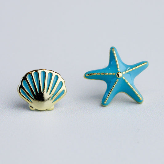 Blue Starfish and Seashell Stud Earrings