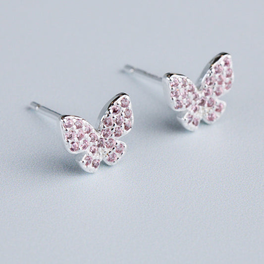 Pink Crystal Butterfly Stud Earrings