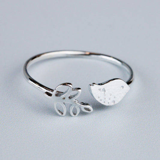 Brushed Silver Bird and Leaf Adjustable Ring