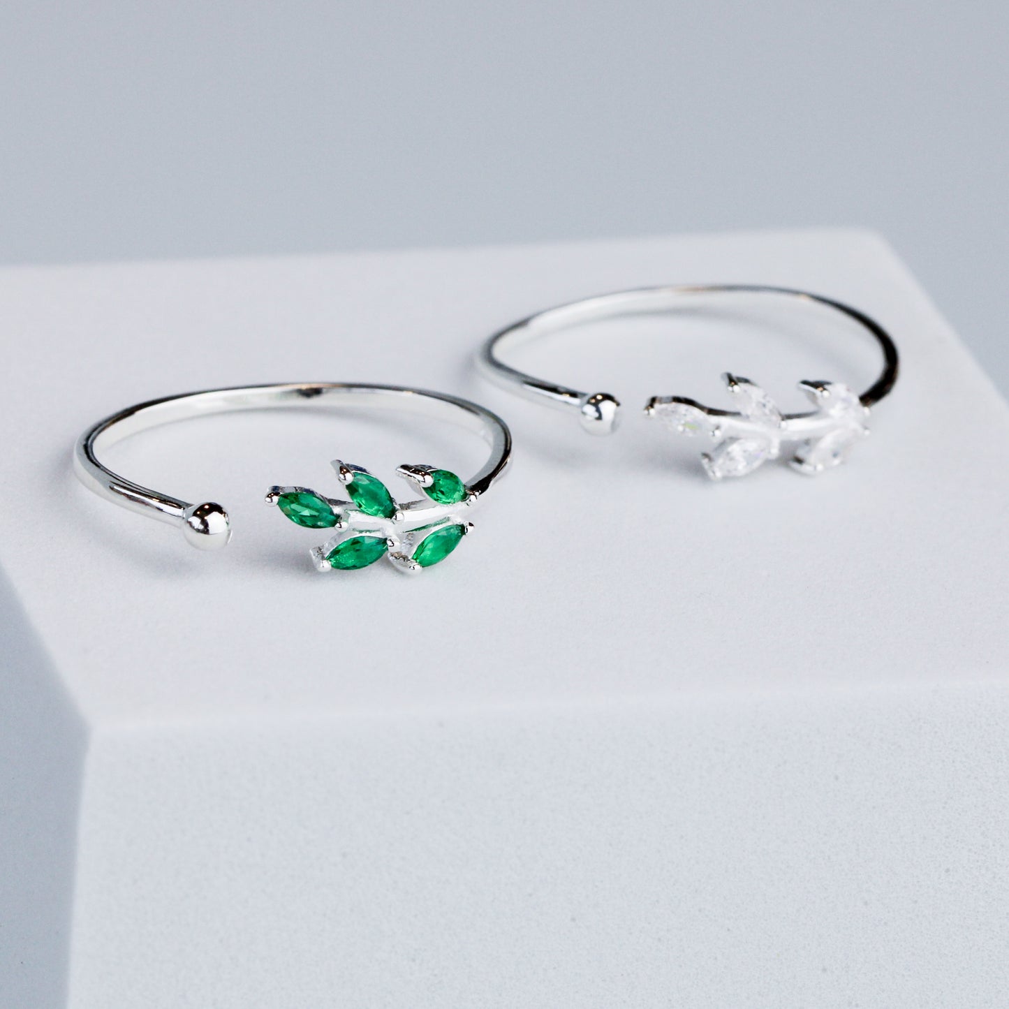 White and Green Crystal Leaf Ring