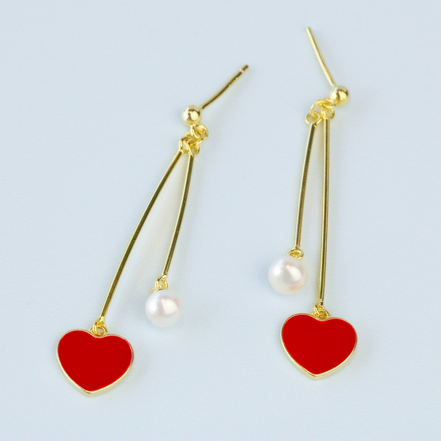 Red Heart and Pearl Dangle Earrings