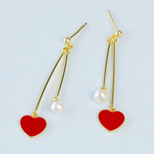 Red Heart and Pearl Dangle Earrings