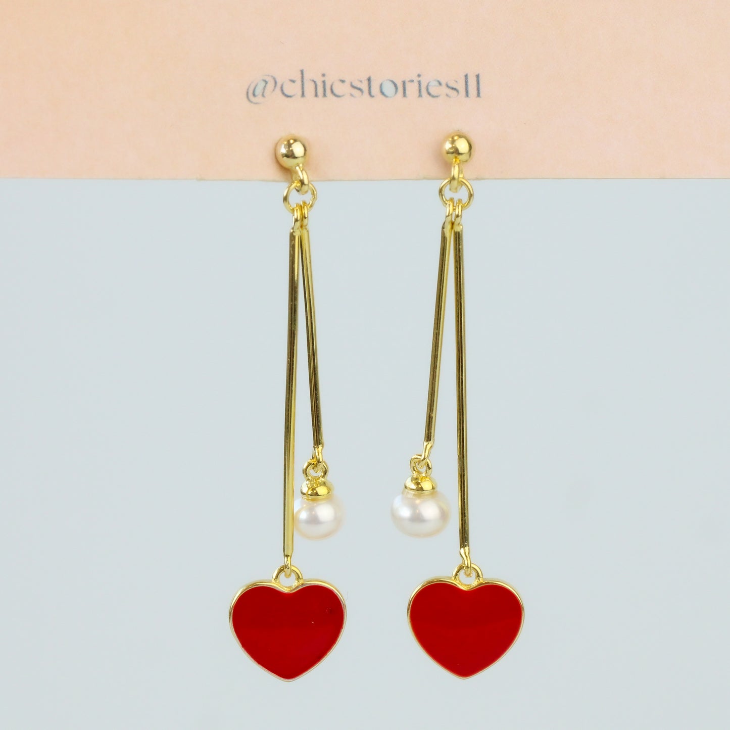 Red Heart and Pearl Dangle Earrings