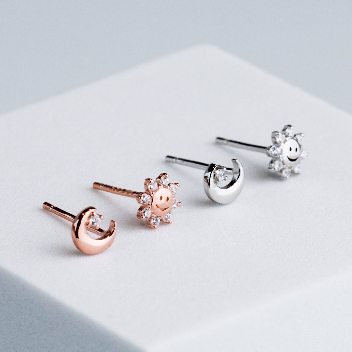 Tiny Crystal Sun and Moon Stud Earrings