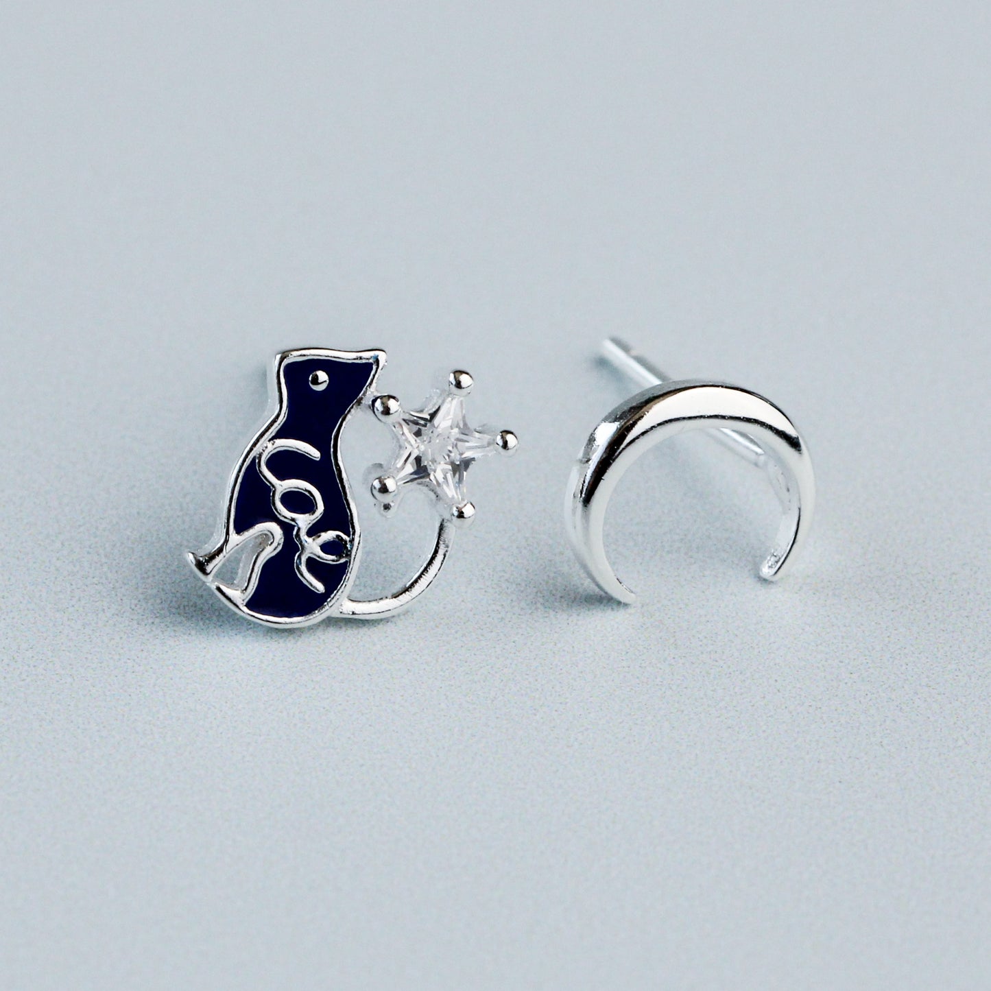 Blue Cat and Moon Stud Earrings