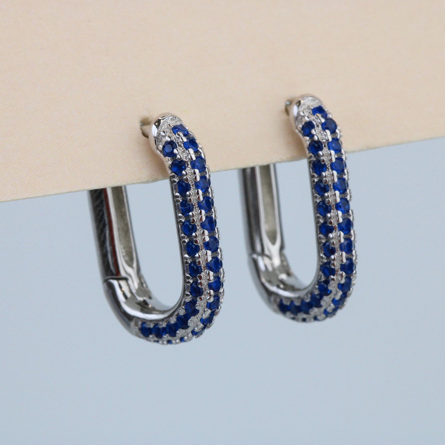 Blue or White Crystal Oval Hoop Earrings