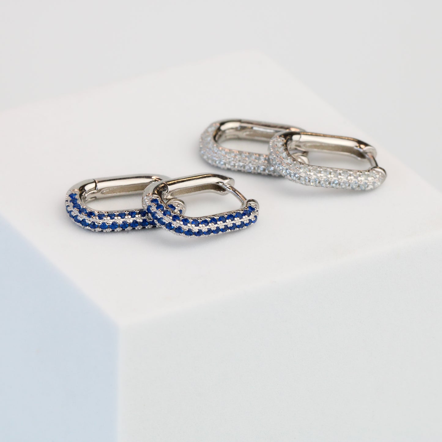 Blue or White Crystal Oval Hoop Earrings