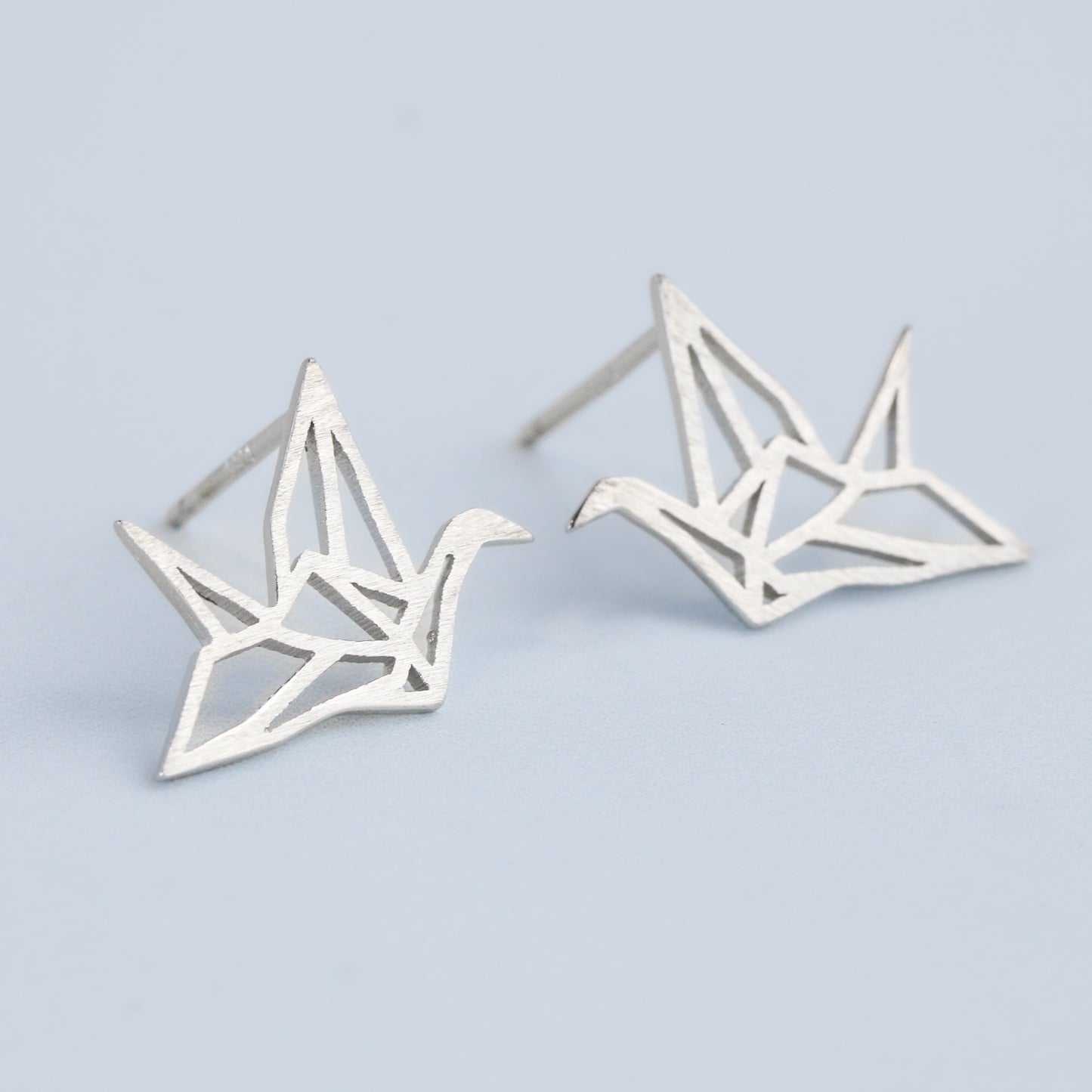 Brushed Finish Origami Crane Stud Earrings