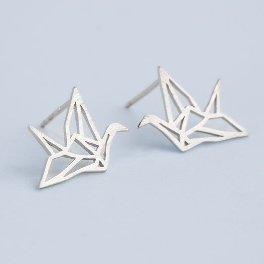 Brushed Finish Origami Crane Stud Earrings