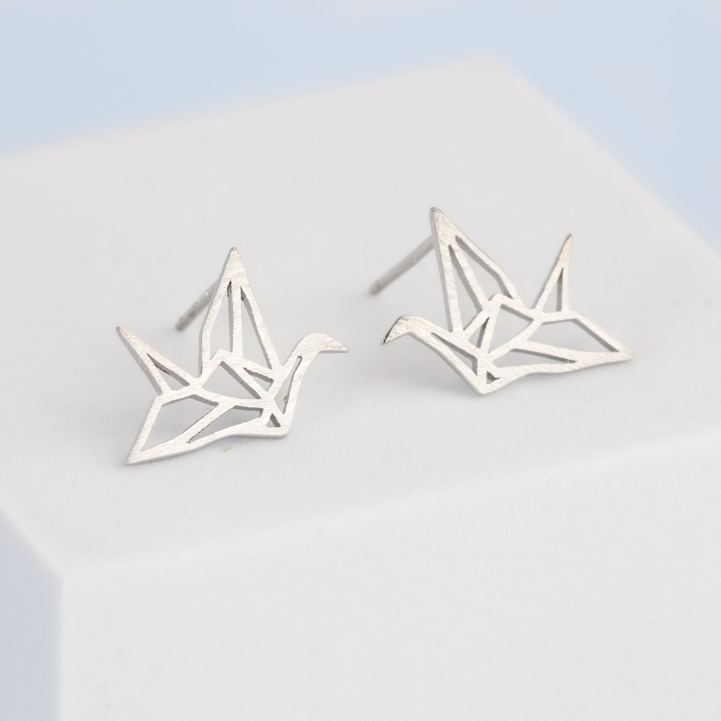 Brushed Finish Origami Crane Stud Earrings