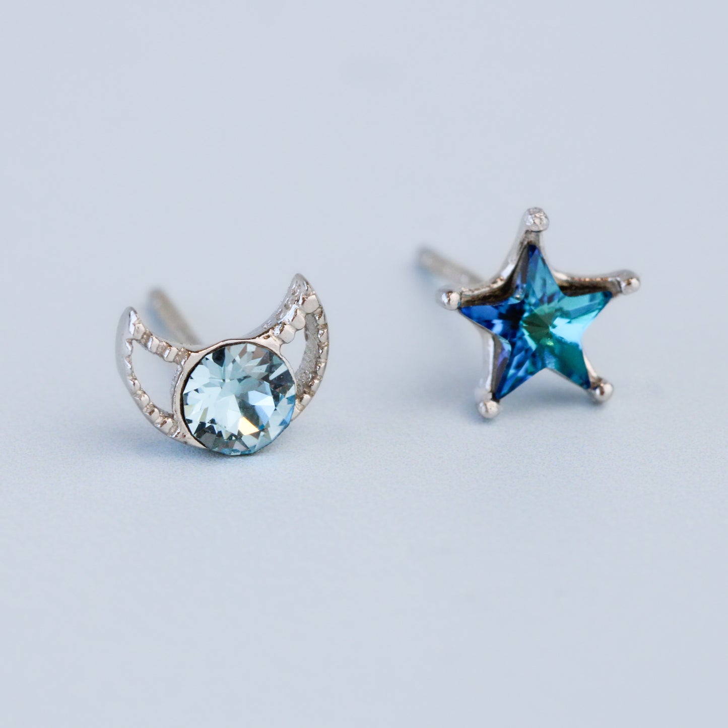 Blue Crystal Moon and Star Stud Earrings