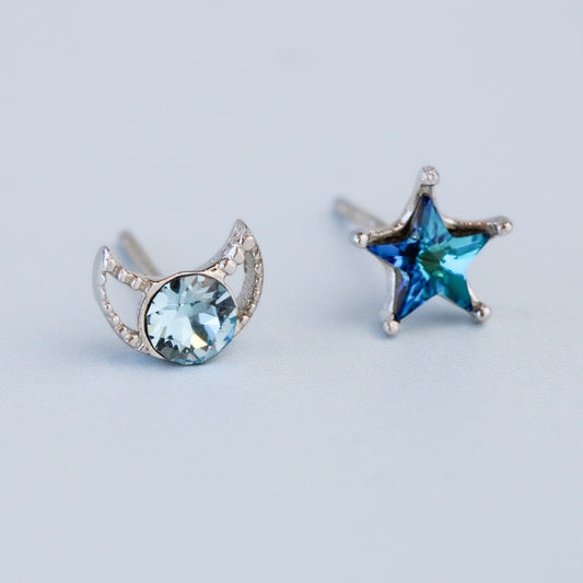 Blue Crystal Moon and Star Stud Earrings
