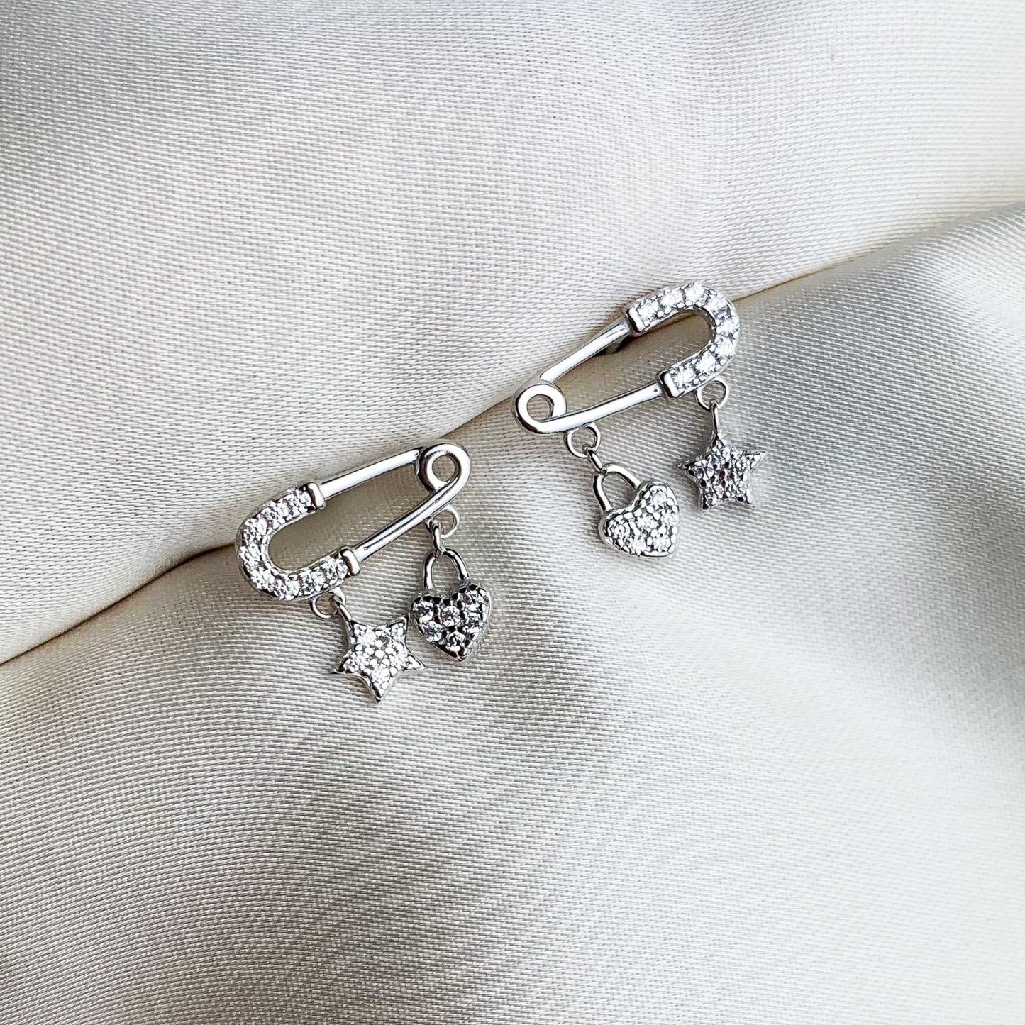 Crystal Safety Pin Stud Earrings with Dangle Charms