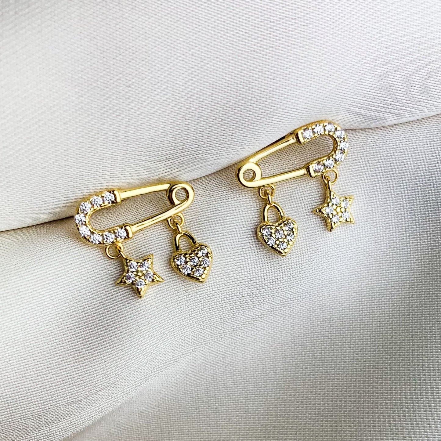 Crystal Safety Pin Stud Earrings with Dangle Charms